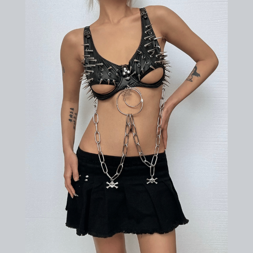 Rivet o ring metal chain skull applique cami set  | Festival Outfits Women
