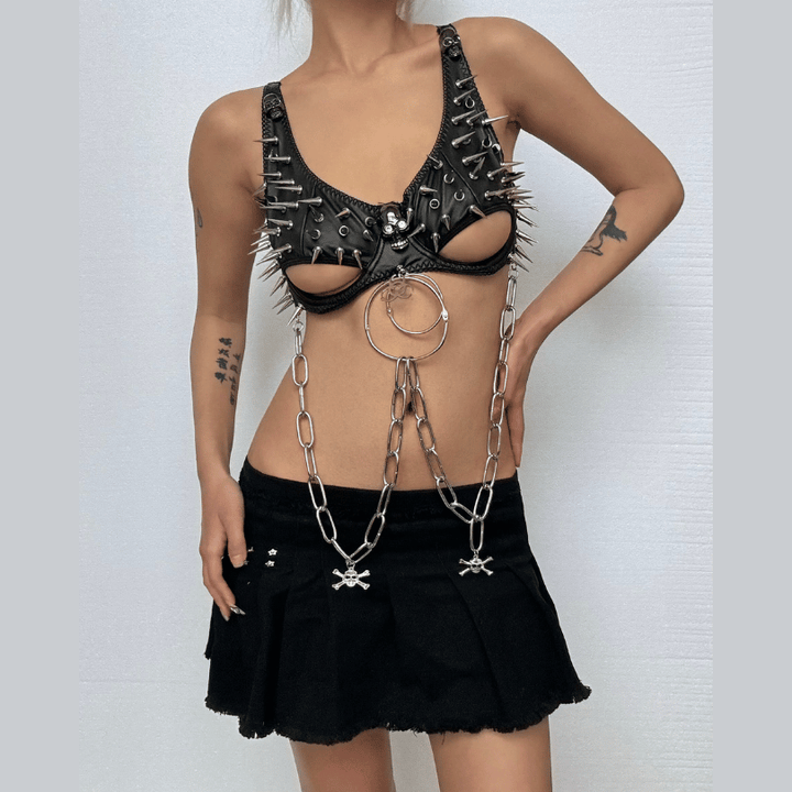 Rivet o ring metal chain skull applique cami set  | Festival Outfits Women