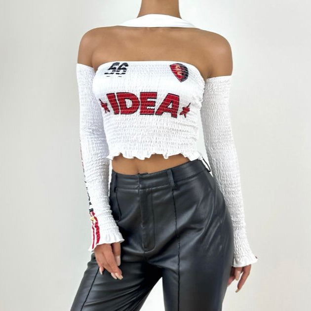 Halter gloves smocked ruffle letter print tube top-final-sale