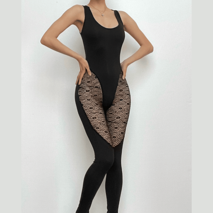 U neck sleeveless lace patchwork solid jumpsuit-final-sale  | Festival Outfits Women