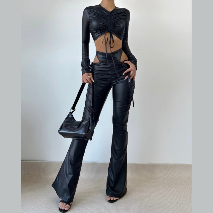 Long sleeve drawstring PU leather hollow out pant set  | Festival Outfits Women