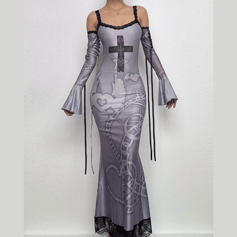 Long flared sleeve off shoulder cross print lace cami maxi dress-final-sale  | Festival Outfits Women