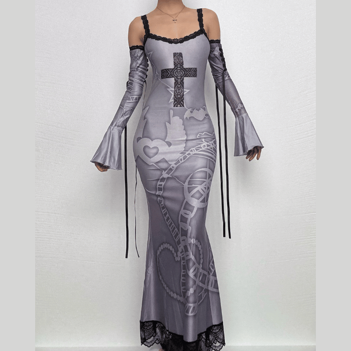 Long flared sleeve off shoulder cross print lace cami maxi dress-final-sale  | Festival Outfits Women