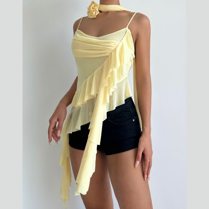 Flower applique ruffle mesh cami top  | Festival Outfits Women-final-sale