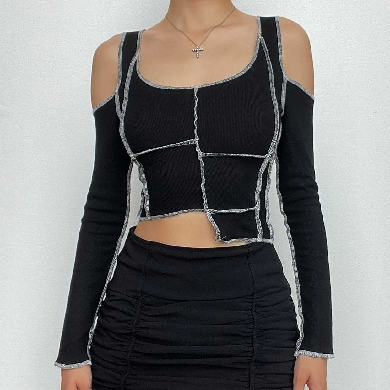 Long sleeve off shoulder patchwork scoop neck crop top – Halibuy