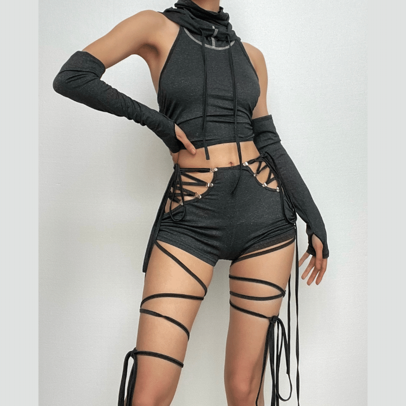 Lace up hollow out self tie drawstring high rise pant set-final-sale