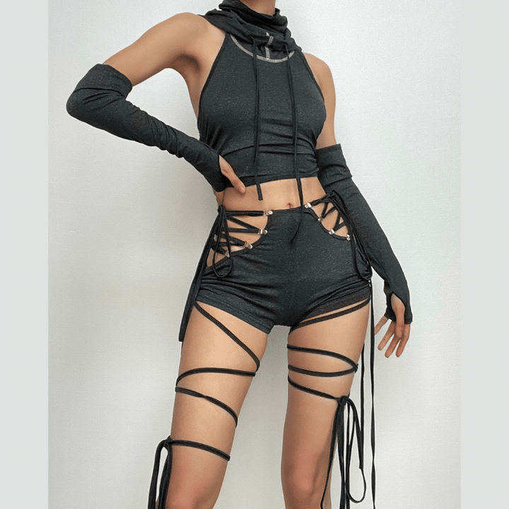 Lace up hollow out self tie drawstring high rise pant set-final-sale
