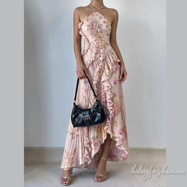 Halter self tie ruffle irregular print ruched maxi dress - Halibuy - 4
