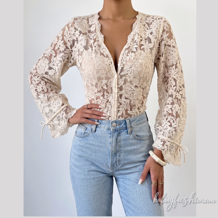 Long sleeve lace self tie button v neck top - Halibuy