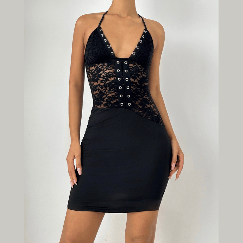Halter self tie ruched lace v neck mini dress  | Festival Outfits Women