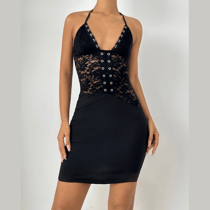 Halter self tie ruched lace v neck mini dress  | Festival Outfits Women