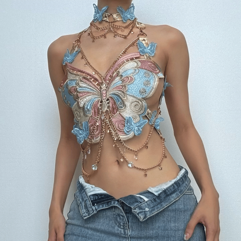 Butterfly embroidery metal chain halter top with choker  | Festival Outfits Women