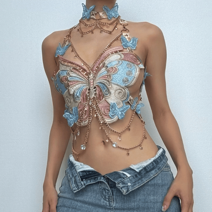 Butterfly embroidery metal chain halter top with choker  | Festival Outfits Women