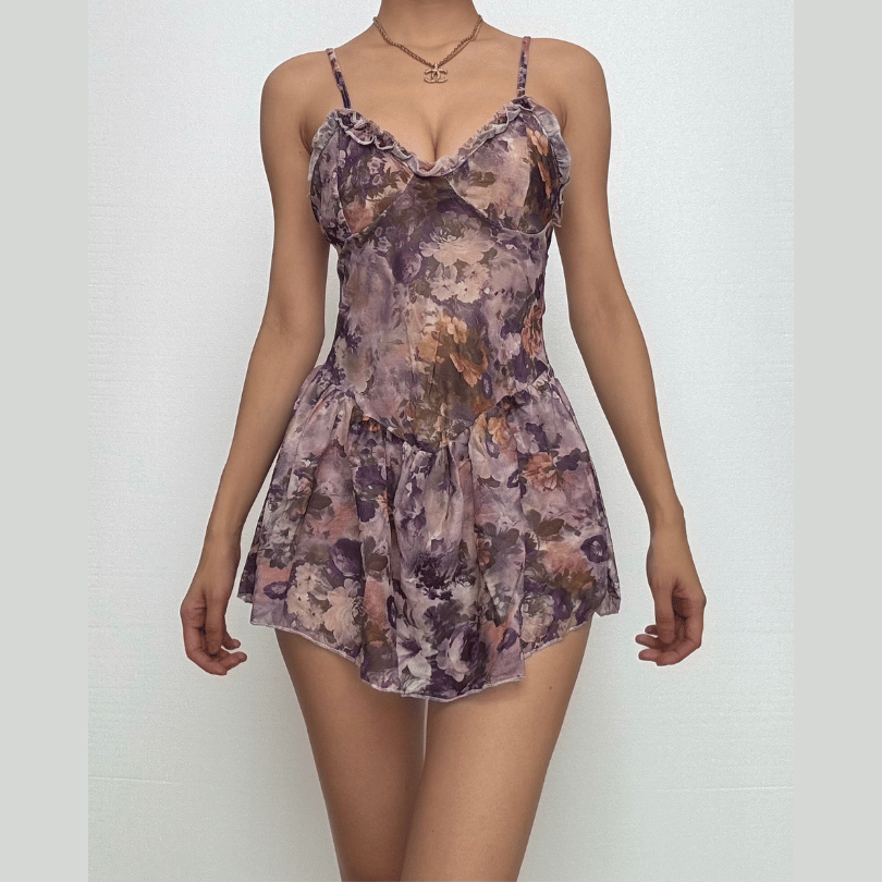 Flower print backless ruffle cami mini dress  | Festival Outfits Women