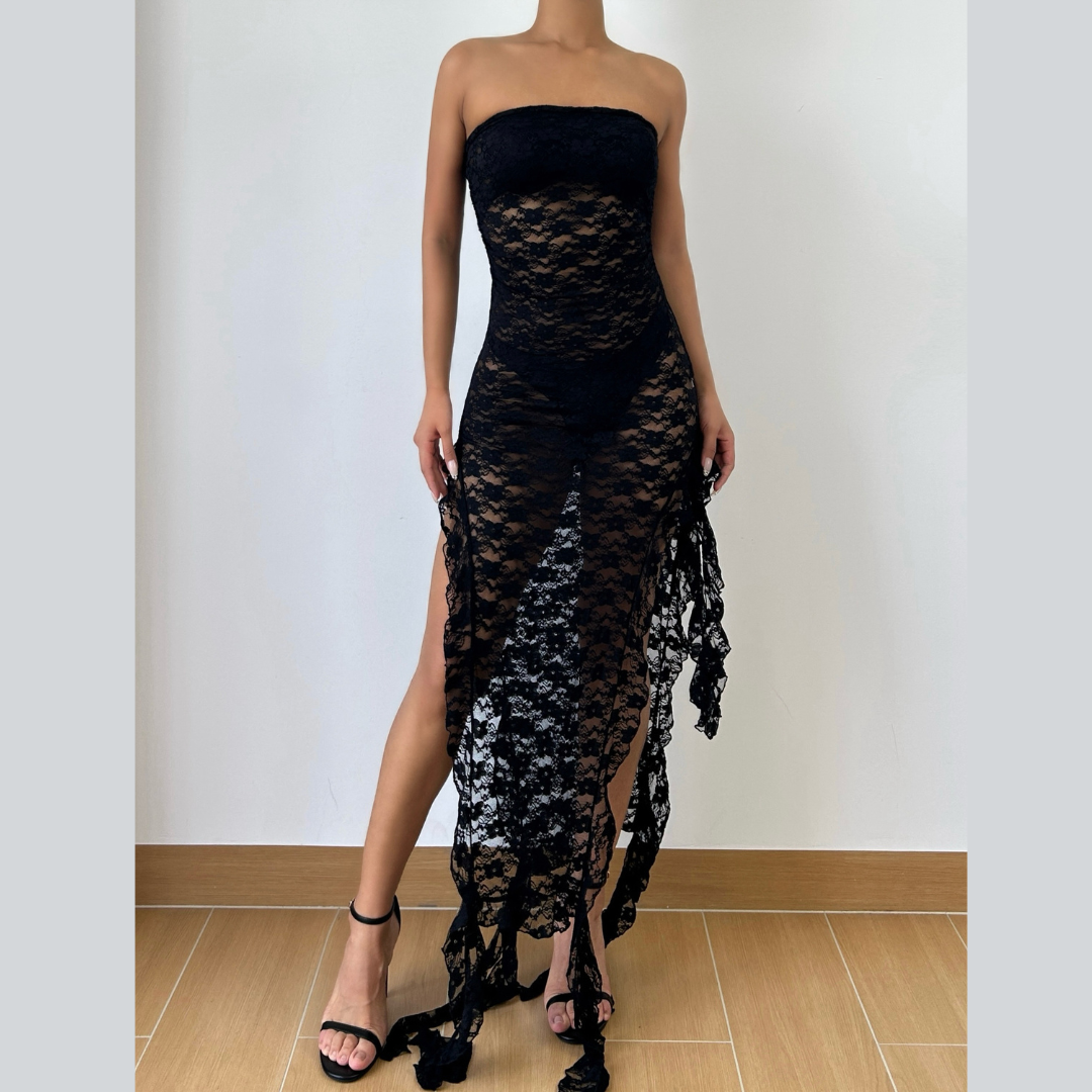 Lace ruffle solid high slit see through tube midi dress  | Festival Outfits Women