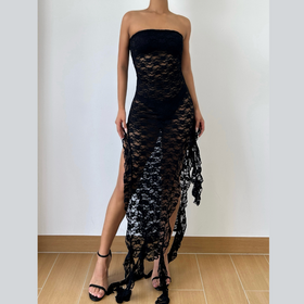 Lace ruffle solid high slit see through tube midi dress  | Festival Outfits Women