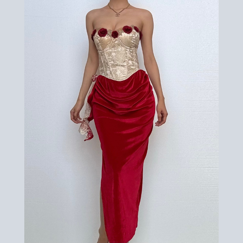 Sweetheart neck bustier flower applique contrast tube maxi dress  | Festival Outfits Women