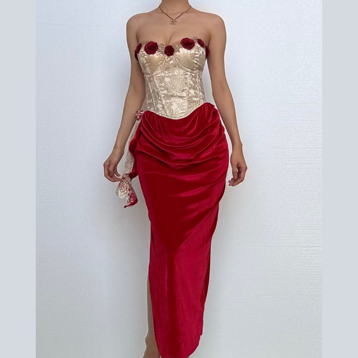 Sweetheart neck bustier flower applique contrast tube maxi dress  | Festival Outfits Women