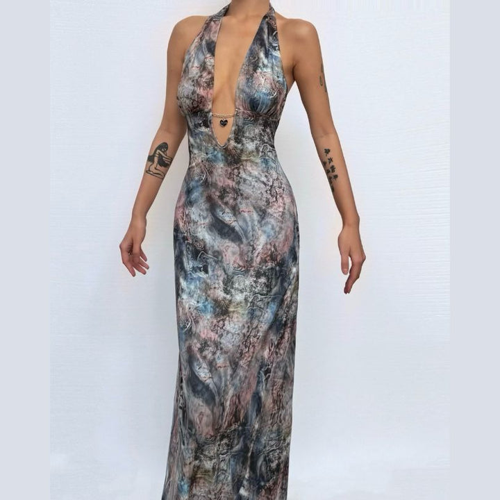 Halter v neck backless contrast maxi dress  | Festival Outfits Women-final-sale