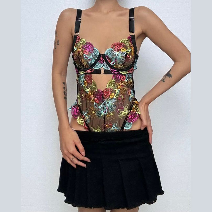 V neck hollow out embroidery cami bodysuit  | Festival Outfits Women