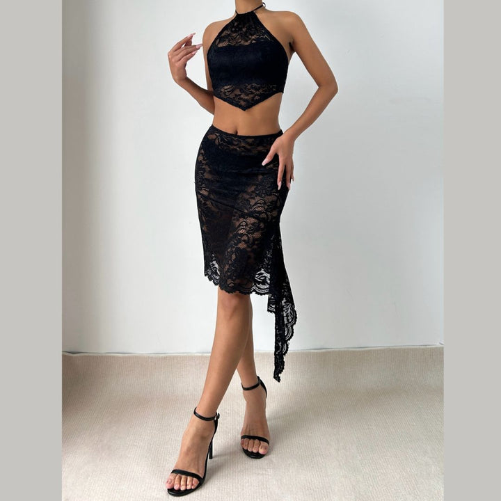 Lace see through halter self tie mini skirt set  | Festival Outfits Women