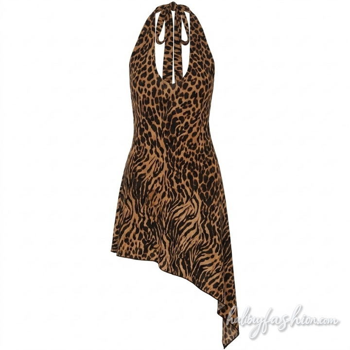 Zebra print halter self tie u neck irregular mini dress - Halibuy - 2