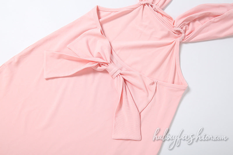 Ruched bowknot solid backless cami maxi dress
