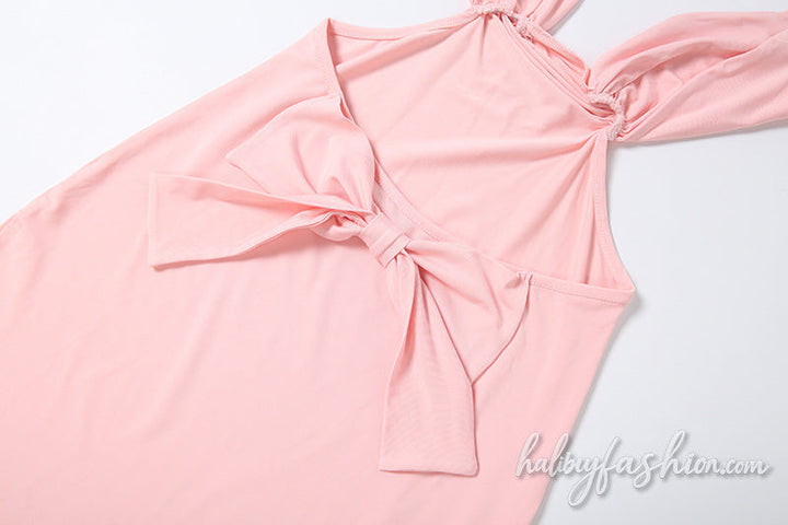Ruched bowknot solid backless cami maxi dress
