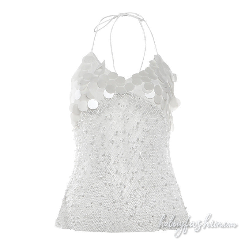 Halter self tie v neck glitter beaded zip-up top