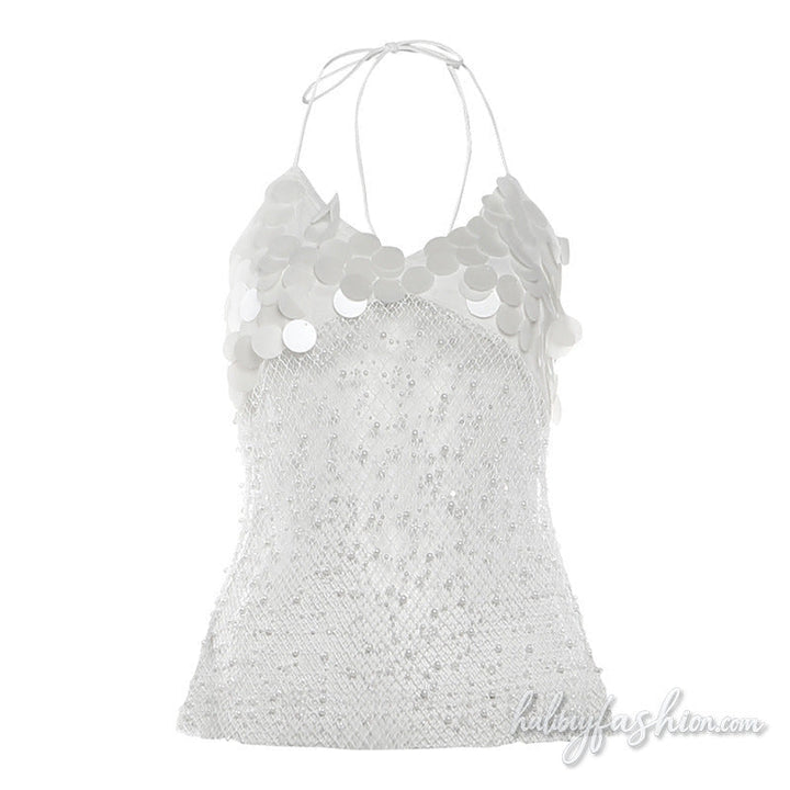 Halter self tie v neck glitter beaded zip-up top