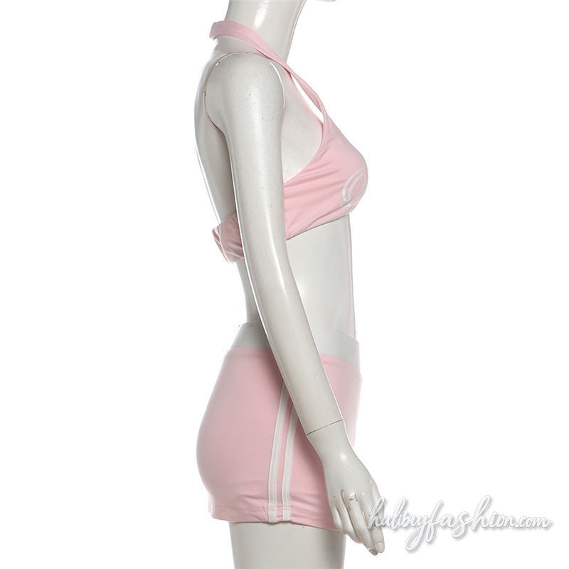 Halter u neck letter pattern backless mini skirt set