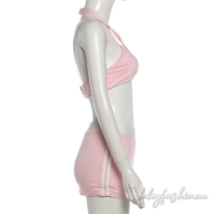 Halter u neck letter pattern backless mini skirt set