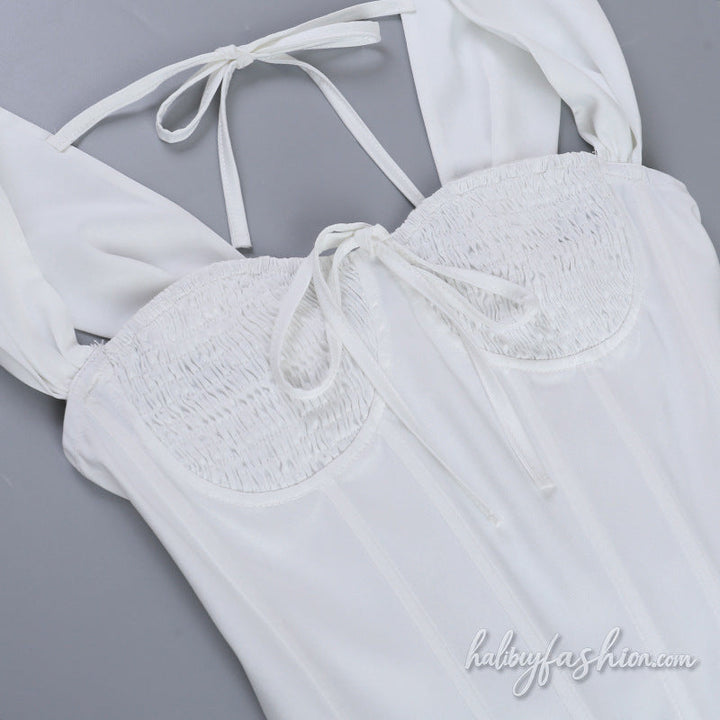 Self tie corset smocked backless solid top