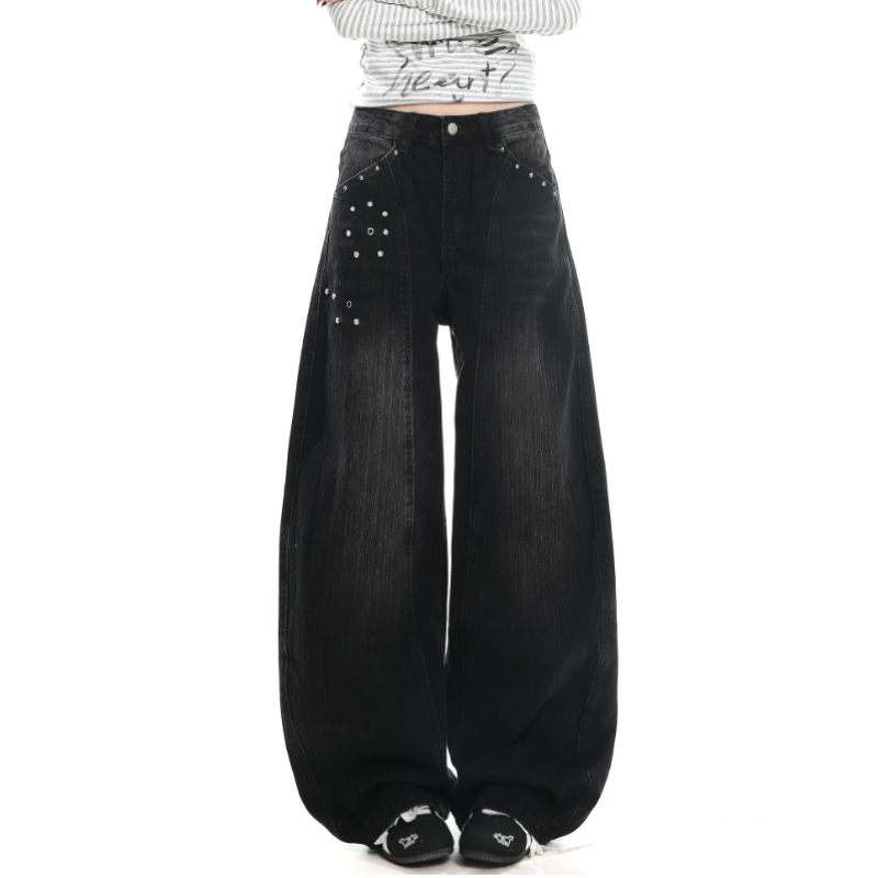Rivet applique irregular pocket wide leg | Baggy Low Rise Jeans