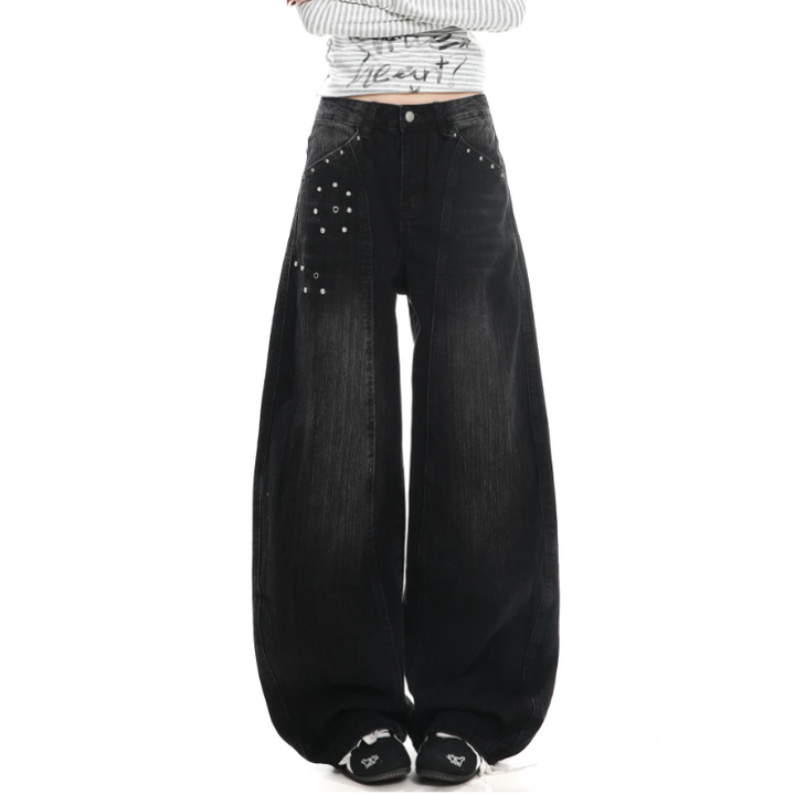 Rivet applique irregular pocket wide leg | Baggy Low Rise Jeans