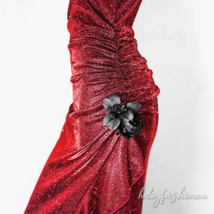 Ruched flower applique slit irregular cami maxi dress