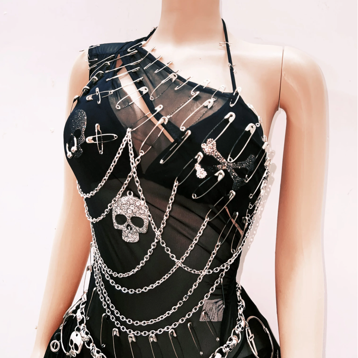 Metal chain ruffle irregular skull applique mini dress  | Festival Outfits Women