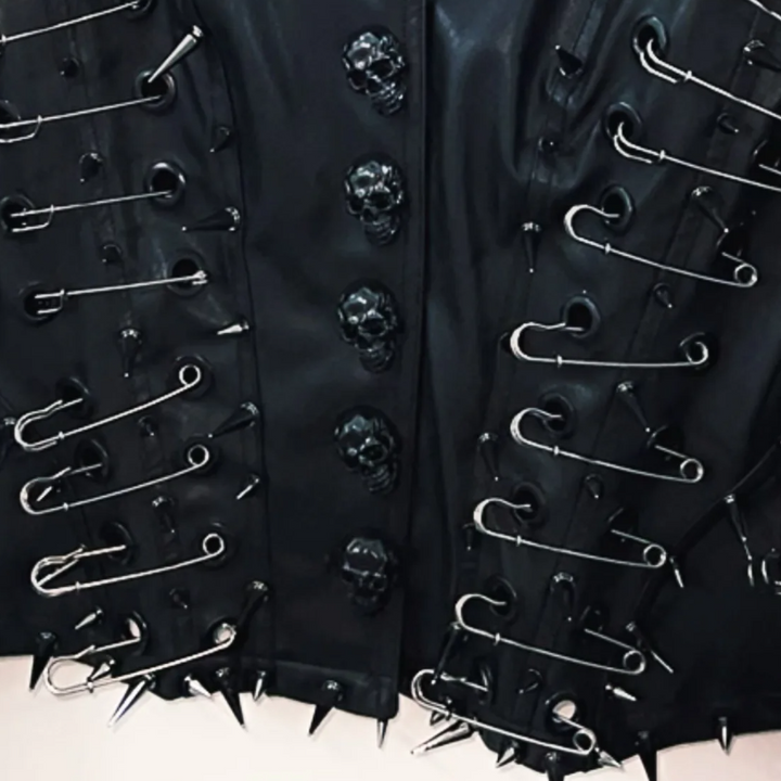 Long sleeve turnover collar PU leather skull applique top  | Festival Outfits Women