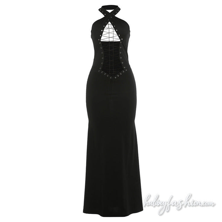 Cross front halter hollow out self tie maxi dress