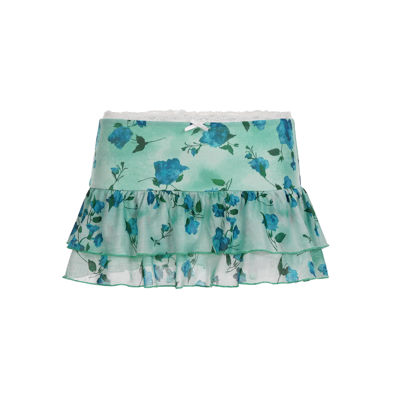 Flower print lace hem bowknot ruffle mini skirt  | Festival Outfits Women