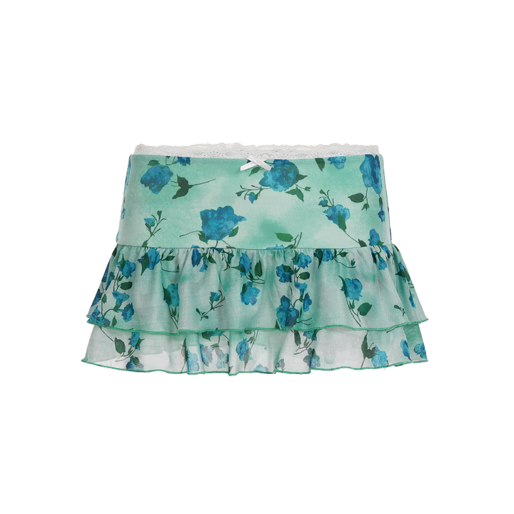 Flower print lace hem bowknot ruffle mini skirt  | Festival Outfits Women