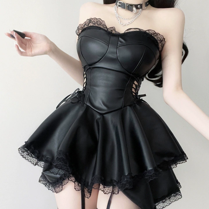 Lace hem PU leather hollow out self tie cut out mini dress  | Festival Outfits Women
