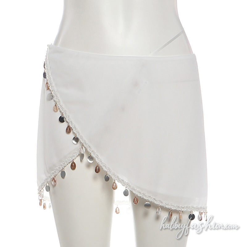 Irregular shell applique chiffon self tie mini skirt