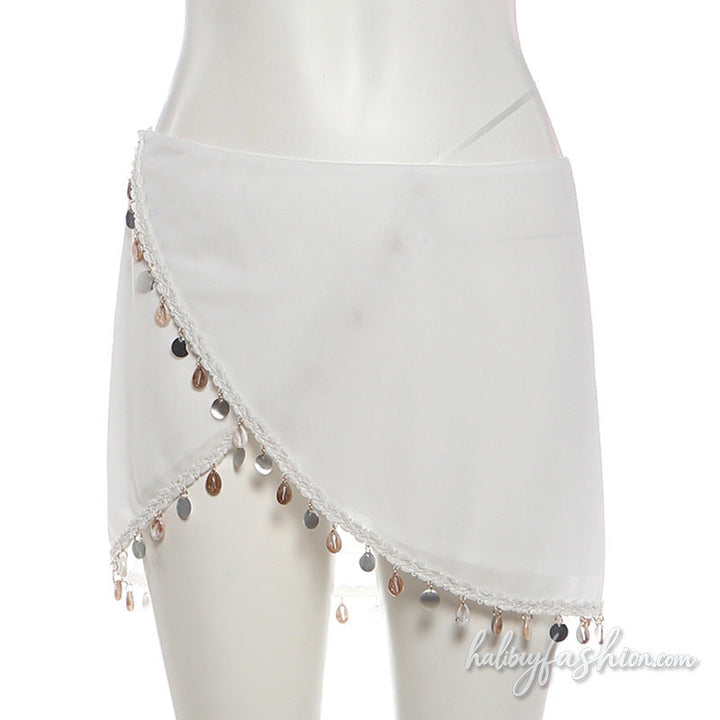 Irregular shell applique chiffon self tie mini skirt