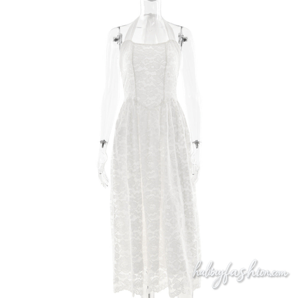 Halter self tie lace backless solid midi dress