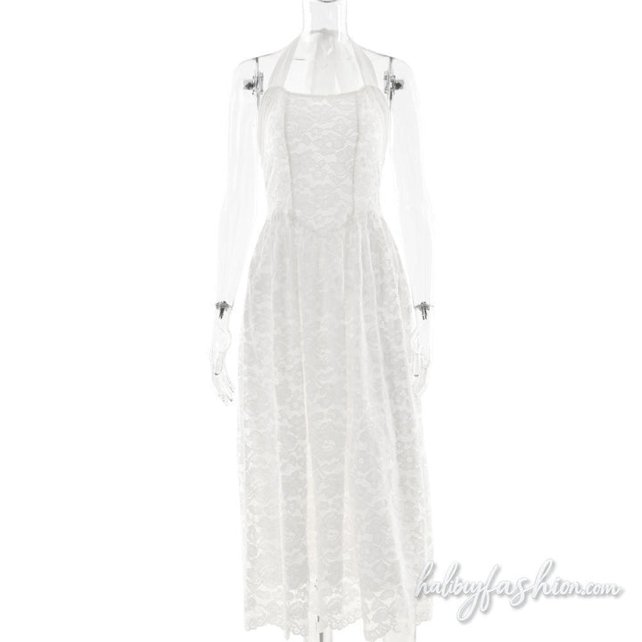 Halter self tie lace backless solid midi dress