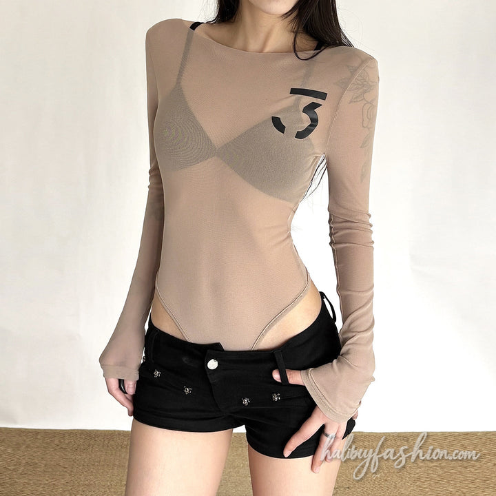 Long sleeve see through round neck button bodysuit
