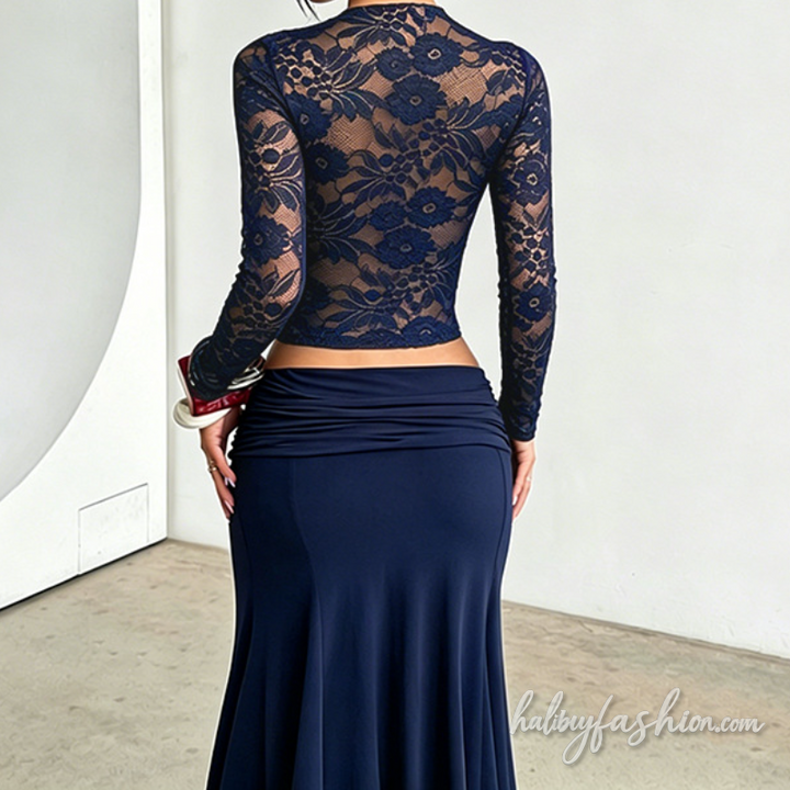 Long sleeve lace hollow out solid top