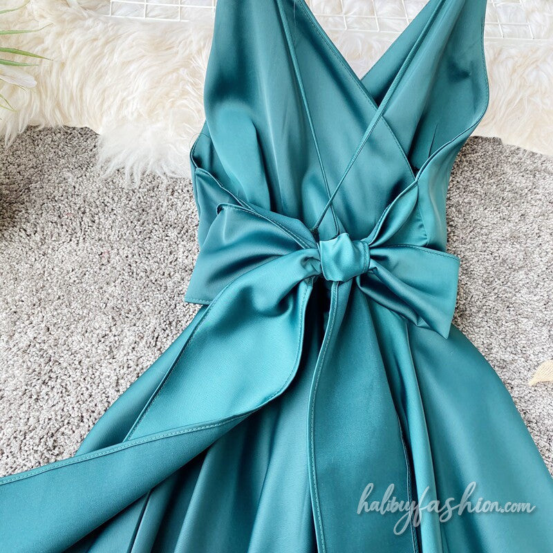 V neck satin cross back cami maxi dress