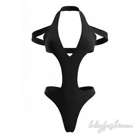 Hollow out v neck halter button solid bodysuit